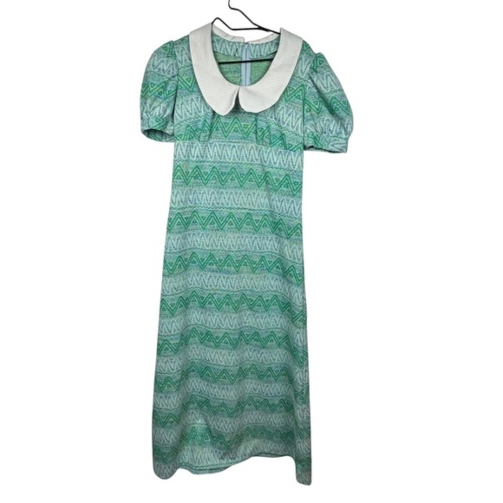 Vintage‎ 70's Geometric Print Puff Sleeve Maxi Dress Peter Pan Collar
